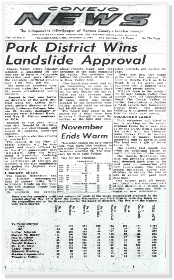 newspaper clipping of Conejo News from December 1962