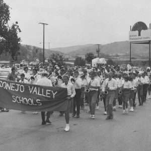 Conejo Valley School Band marching in the 1966 parade.  Photo by Frank Knight.  LHP01293, CTO_099. Were happy to share this digital image on Flickr. Please note that certain restrictions on high quality reproductions of the original physical version may apply. For information regarding obtaining a reproduction of this image, please contact the Special Collections Librarian at specoll@tolibrary.org