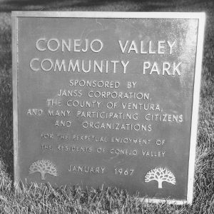 This bronze plaque has been set in a rock monument for a perpetual display, to mark the dedication of Conejo Valley Community Park. Plaque was pre-dated to coincide with Janss Corp.'s conveyance of final land donations to the 96-acre site.  News Chronicle Collection, photographer Frank Knight.  03-16-1967_2a, CTO_313.  Were happy to share this digital image on Flickr. Please note that this is a copyrighted image. For information regarding obtaining a reproduction of this image, please contact the Special Collections Librarian of the Thousand Oaks Library at specoll@tolibrary.org