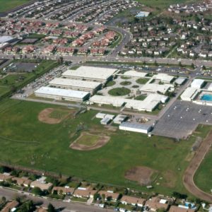 Aerial photograph of Thousand Oaks High School, April 1978. The playing fields and community pool can be seen from this view. Moorpark Road is the long, horizontal street in the background.
(Donated to the City of Westlake Village.)