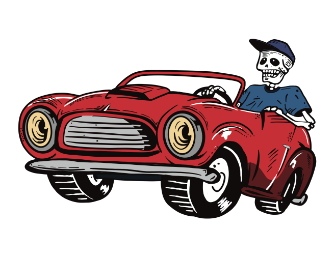 Roberto (web) skeleton in car illustration